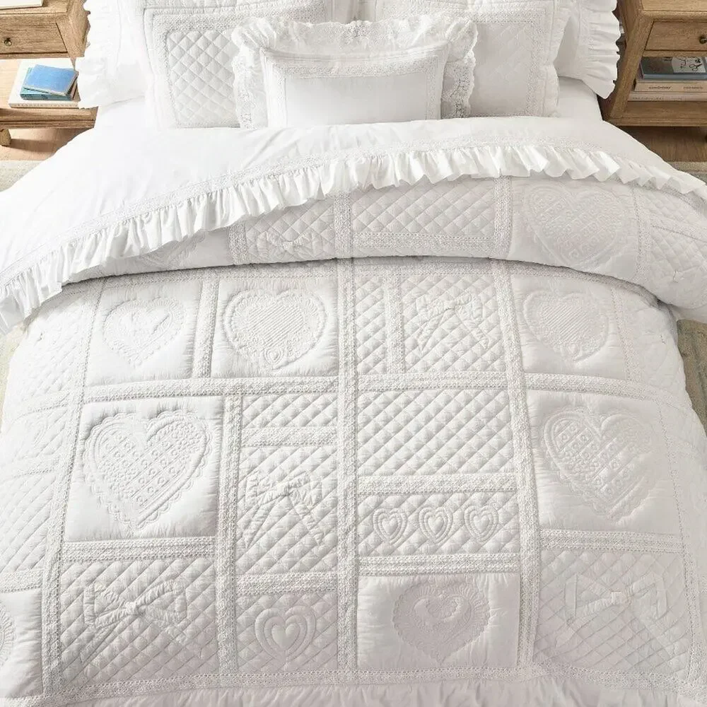 LoveShackFancy Bow Heart Patchwork Quilt King California King Bedding White NWT